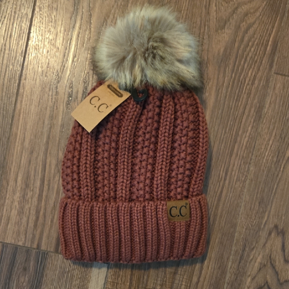 C.C Women's Brown Knit Beanie with Faux Fur Pom-Pom